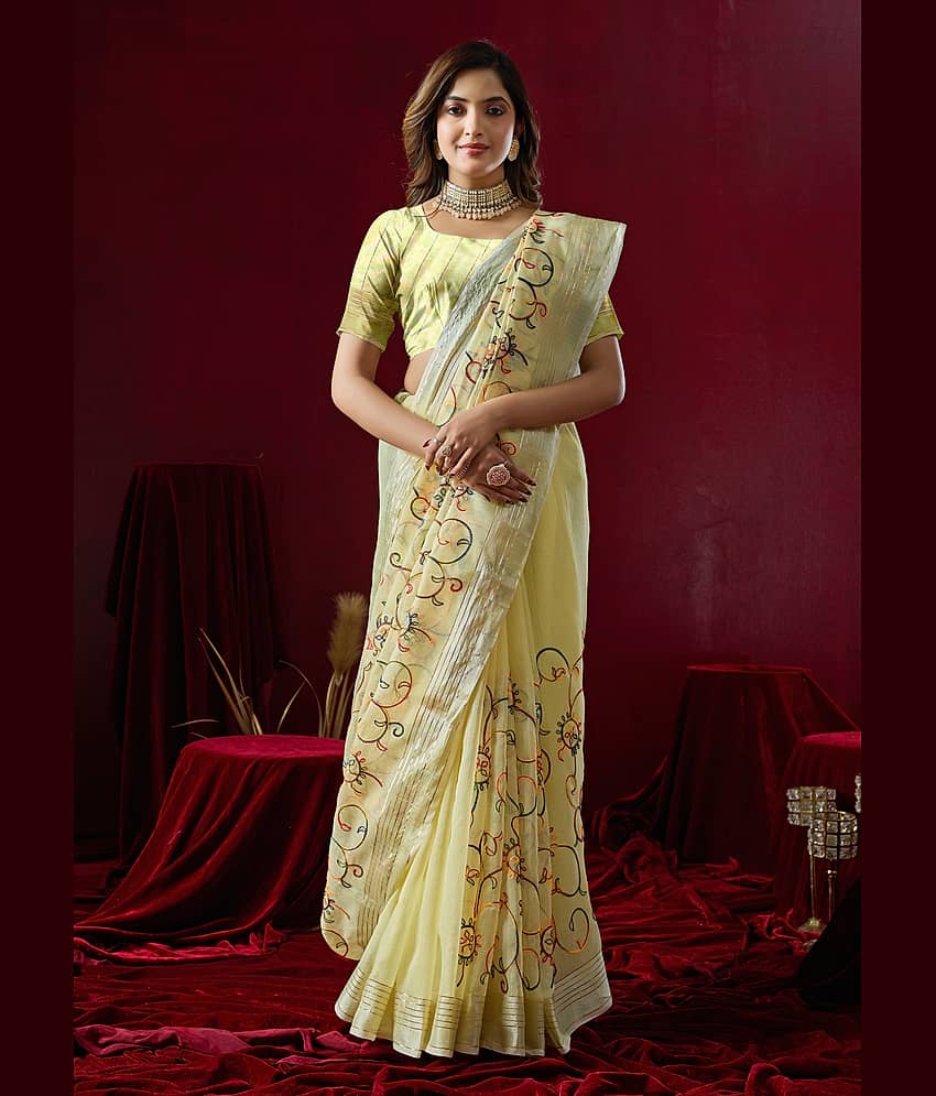 Sidhidata Cotton Silk Embroidered Kota Doria Saree With Unstitched Blouse Piece ( Yellow )