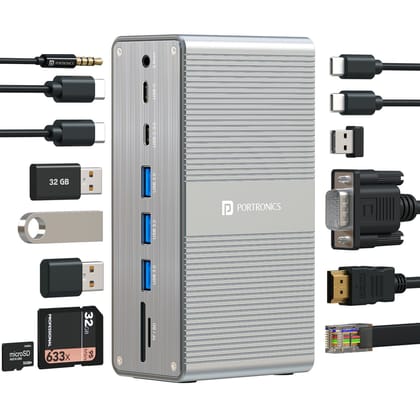 Portronics MPort Vault Comes with 100W Type-C PD, 4K@30Hz HDMI, 1080P VGA, 4× USB 3.0, Gigabit Ethernet,  SD/microSD 3.0, Type-C 3.0 & 2.0| For Windows & macOS