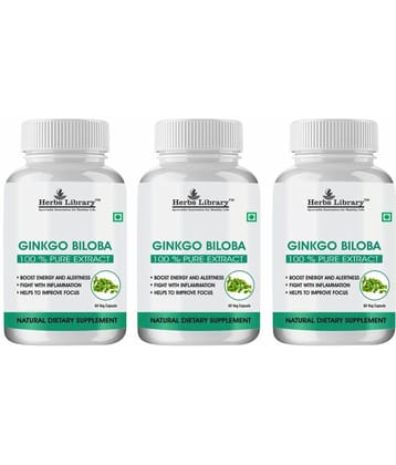 Herbs Library Ginkgo Biloba for Better Concentration, Memory & Learning 60 Capsules Each (Pack of 3)