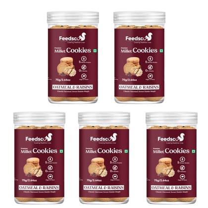 Feedsco Millet Cookies Oatmeal & Raisins (75g x 5 Packs)- Tasty & Healthy Snack with Natural Sweetness - Best Healthy Cookies for Kids & Adults