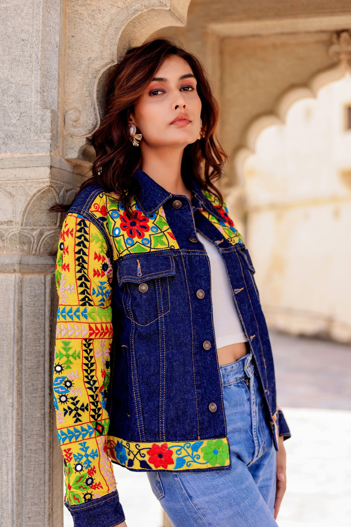 Cultural Wave Denim Jacket with Intricate Handmade Work-S