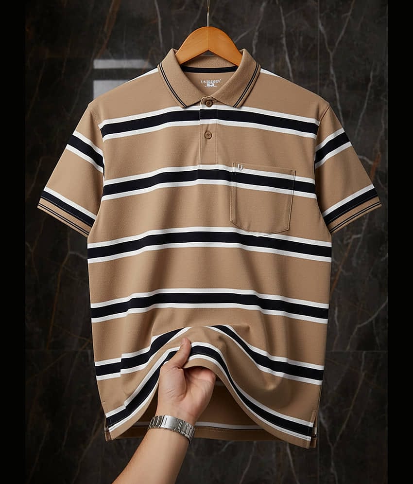 UNIBERRY Men Cotton Blend Regular Fit Striped Polo T Shirt ( Beige )