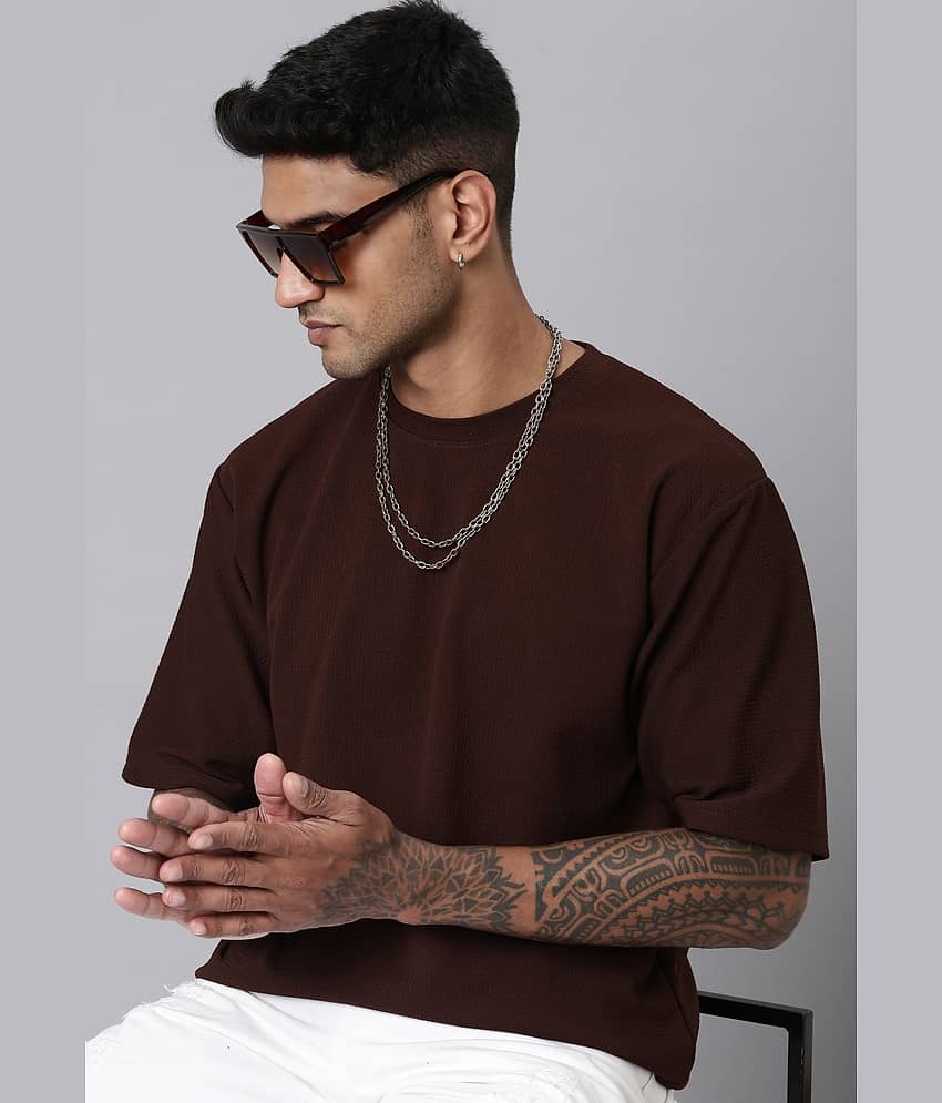 LEWEL Polyester Oversized Fit Solid 3/4th Sleeves Men's Round T-Shirt - Brown ( Pack of 1 )