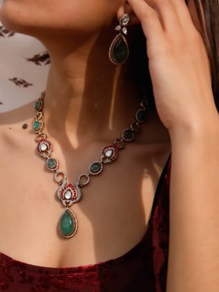 Parker Red-Green Polki Necklace Set-Green