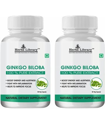 Herbs Library Ginkgo Biloba for Better Concentration, Memory & Learning 60 Capsules Each (Pack of 2)
