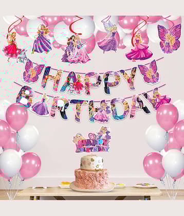 Zyozi ® Barby Princess Theme Birthday Decorations Combo Set - Girls Theme Birthday Party Decorations Items - Banner, Balloons, Cake Topper & Swirls Hangings (Pack of 33)
