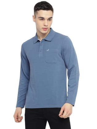 Men's Full-Sleeve Polo Collar T-Shirt with Pocket | Corduroy Knit | Premium Cotton Blend - Elemental Blue-M / Elemental Blue