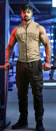 Muscle Up- Washed Sleeveless Zip Hoodie -Mocha Brown & Impact Cargo - Black-S