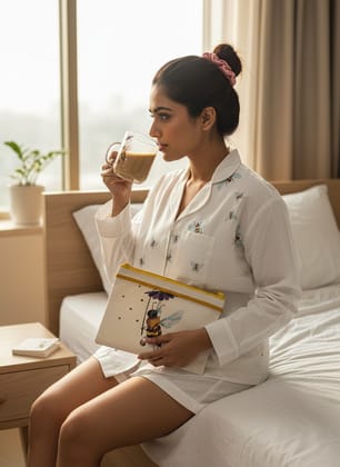 Ivvory Premium Cotton Revere Shorts Set (Honey Bee Print, Size XL) | Hand Embroidered 2-Piece Night Suit | Luxury Loungewear