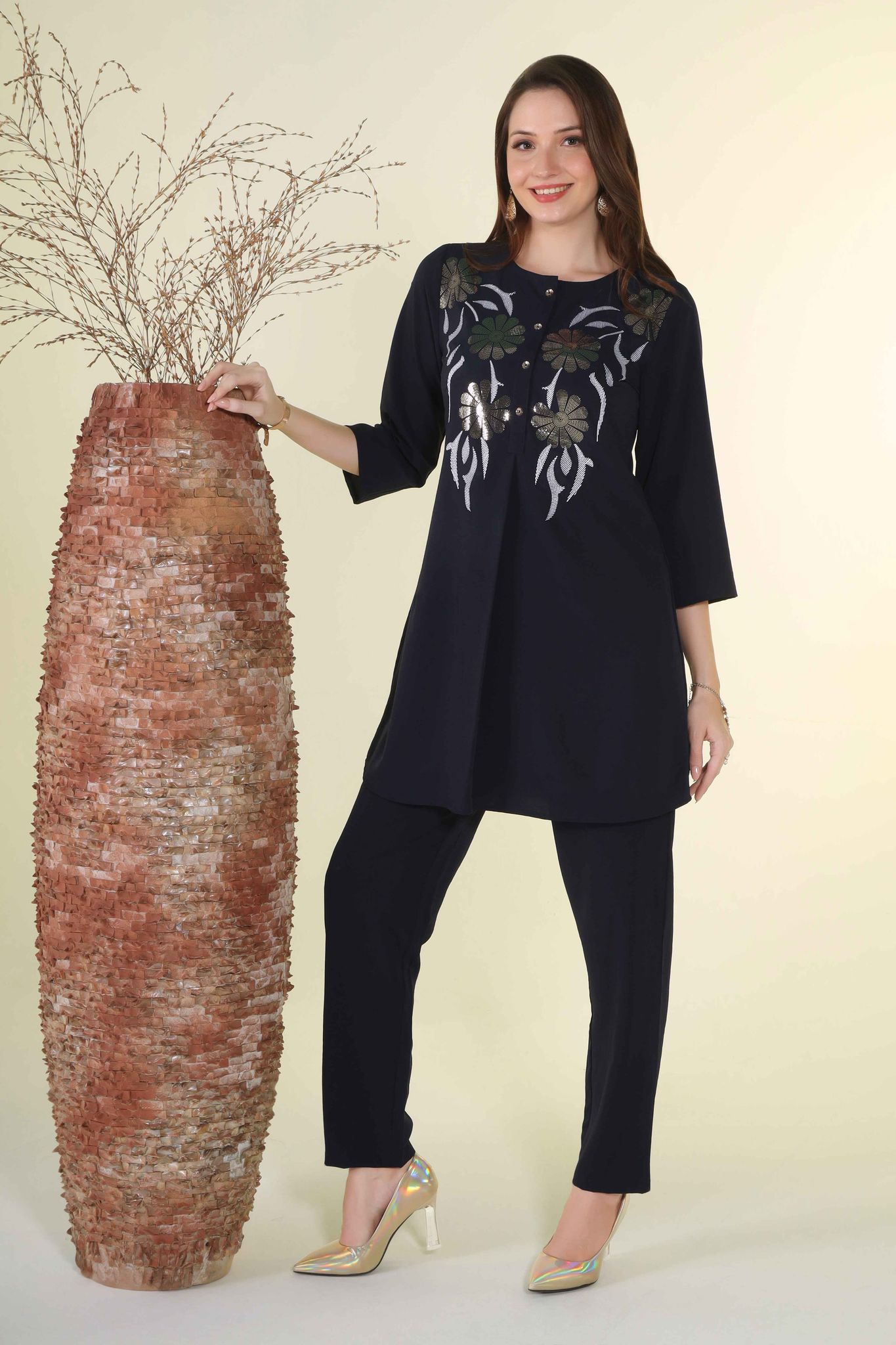 Navi blue crepe with gold laser printing and thread embroidery-M