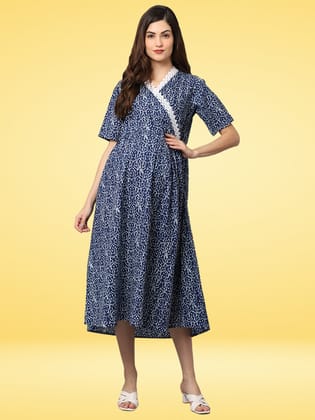 Women's Cotton Lace Printed Pre and Post Maternity Dress with Feeding-M / Blue