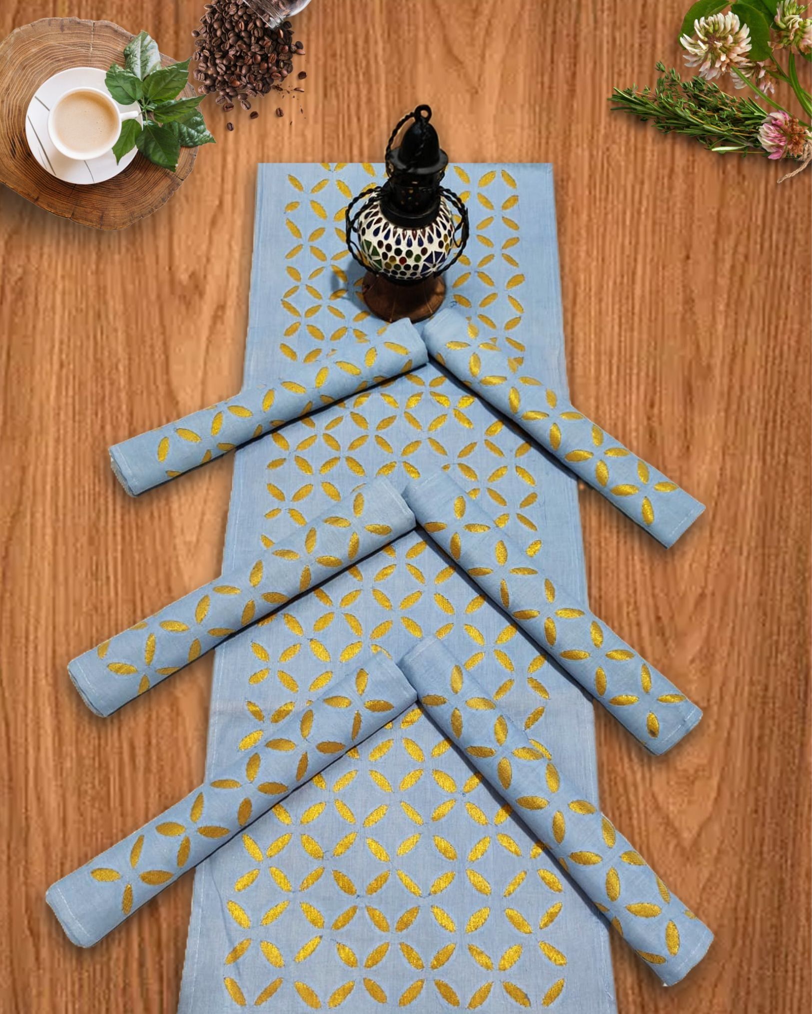 Periwinkle Cotton Table Runner & Mats Applique Blue