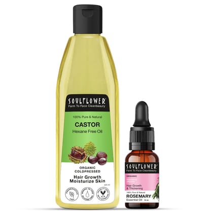 Soulflower Rosemary Essential Oil & Castor Oil for Hair Growth, Hair Fall Control, Hydrating & Moisturising Face & Skin | 100% Pure, Natural, Organic, Ecocert Certified| Pack of 2, 240ml Soulflower Rosemary Essential Oil & Castor Oil for Hair Growth, Hai