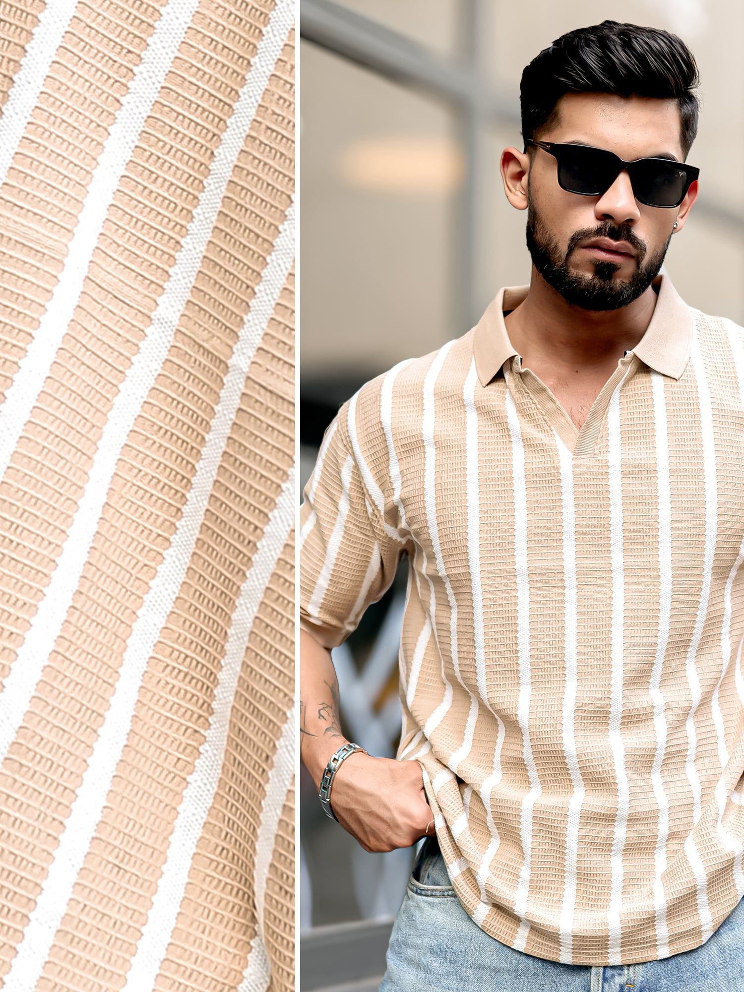 Popcorn Knit Beige Polo Half Sleeve T-Shirt-S / Beige