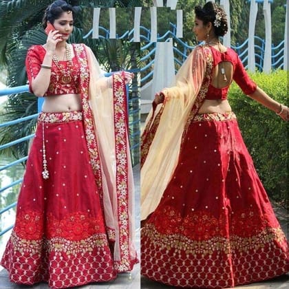 Outstanding Simple Red Color Embroidered Semi Stitched Lahenga Choli