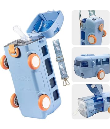 Bus Shape Water Bottle for Kids Detachable Straw with Shoulder Strap Leak-Proof Cartoon Water Bottle with Wheels (multy-Color)