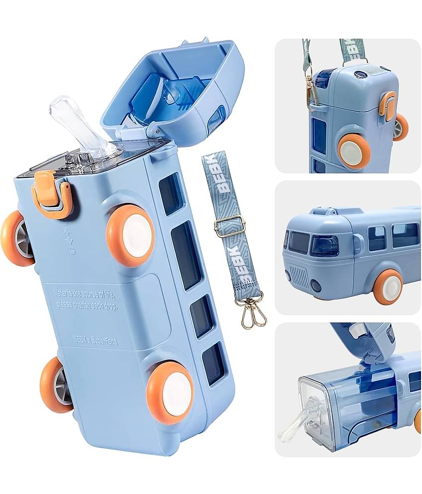Bus Shape Water Bottle for Kids Detachable Straw with Shoulder Strap Leak-Proof Cartoon Water Bottle with Wheels (multy-Color)