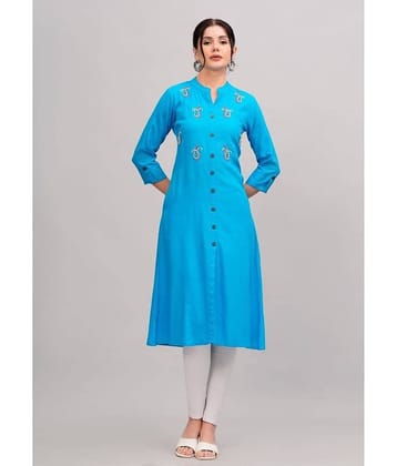 MAUKA Rayon Embellished Front Slit Women's Kurti - Blue ( Pack of 1 )