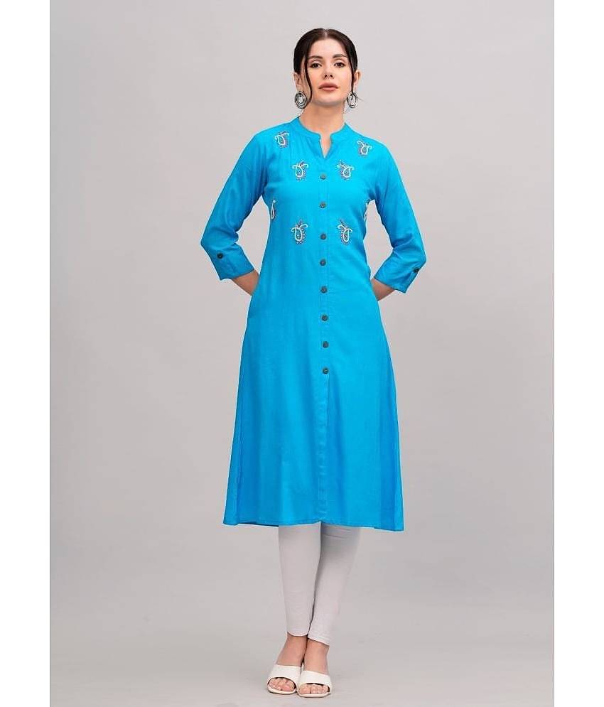 MAUKA Rayon Embellished Front Slit Women's Kurti - Blue ( Pack of 1 )
