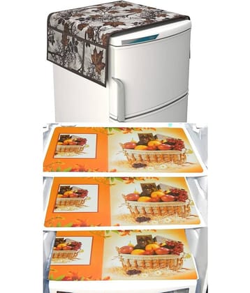SHUBH Polyester Floral Fridge Mat & Cover ( 99 58 ) Pack of 4 - Brown