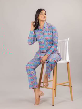Floral Print on Blue Cotton Shirt Set for Women-S
