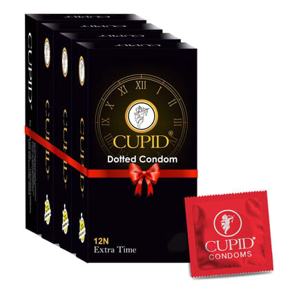 Cupid Dotted & Extra TIme Condoms (Pack of 4) | Lubricated & Multitextured Condoms | For Her Enhanced Pleasure | Pack of 4, 12 Pcs Each