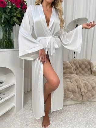 Elegant Solid Long Sleeve House Robe-White / S