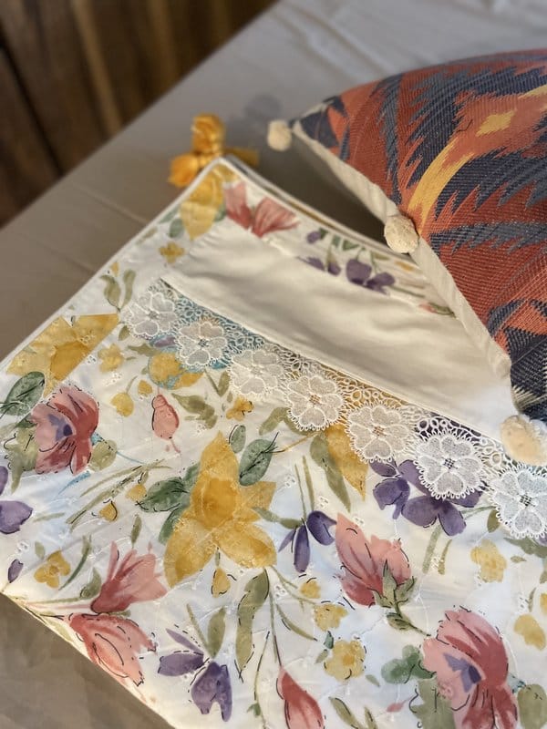 KRI India Bloom Schiffli Floral Dohar | Multicoloured floral print on white & | 60x90 inches | Wash & Care | 100% Cotton | Handcrafted in India. 100% organic & natural.