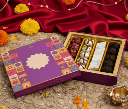 Ghasitaram's Diwali Gift Hamper, Assorted Traditional Indian Sweets, 400g with Card + Pujathali