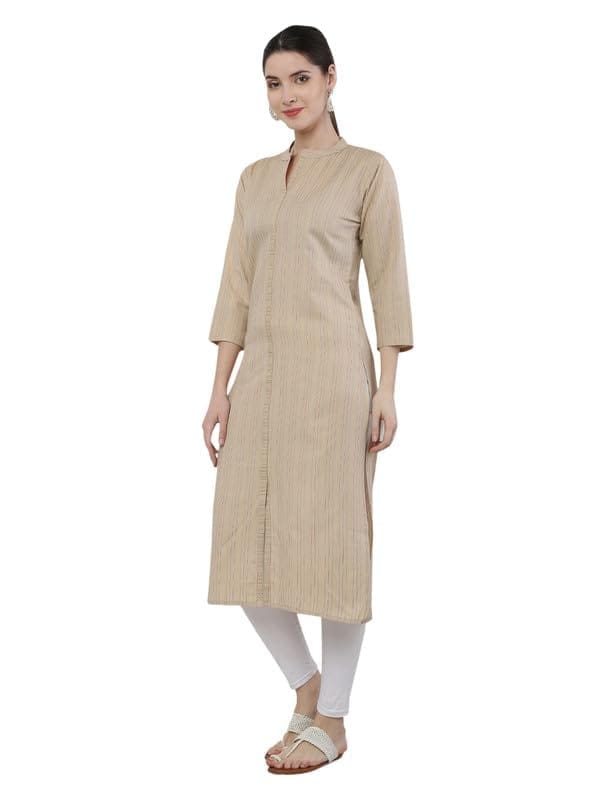 Women's Casual 3/4th Sleeve Strip Viving Cotton Kurti (Beige, XL)-PID46146