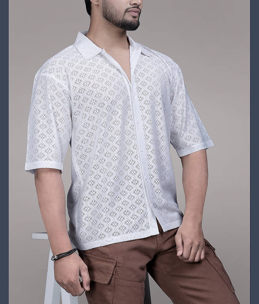 Eyebogler Polyester Oversized Fit Self Design Half Sleeves Men's Casual Shirt - White ( Pack of 1 )