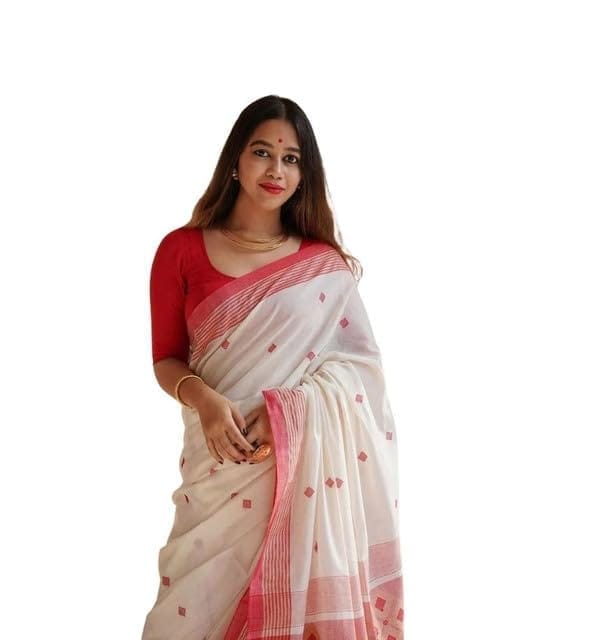 Women's Soft Lilan Printed Saree With Unstitched Blouse 5.5Mtr (White)-PID63650