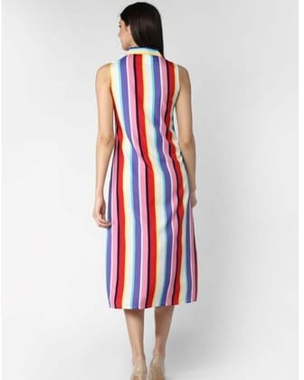 Women's Polyester Striped Sleeveless Calf-Length Dress (Multicolor, S)-PID55775
