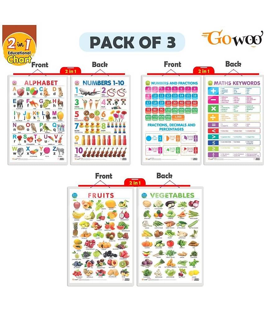 Set of 3 | 2 IN 1 ALPHABET AND NUMBER 1-10 ,2 IN 1 NUMBER & FRACTIONS AND MATHS KEYWORDS and 2 IN 1 FRUITS AND VEGETABLES Early Learning Educational Charts for Kids