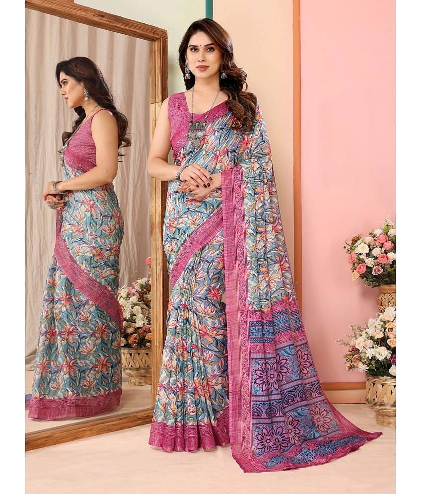 BLEESBURY Cotton Blend Printed Saree With Unstitched Blouse Piece ( Pink )