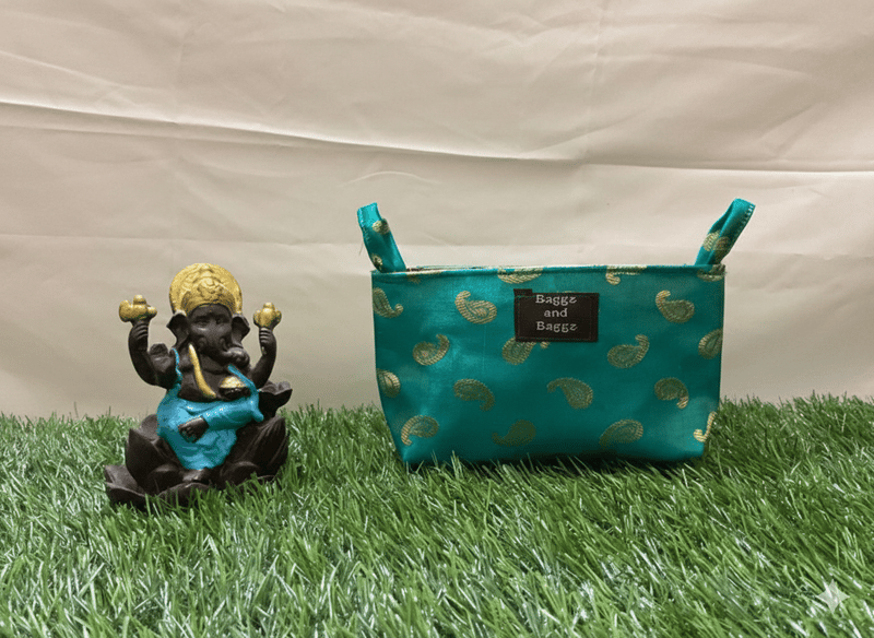 Baggz And Baggz Handcrafted Silk Blend Storage Basket (Teal, Free Size) | Ethnic Motif Pattern | Storage & Organization