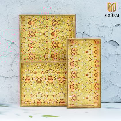 The Mohraj Bright Wooden Rectangular MDF Trays with Gold Foil Finish Set of 3  