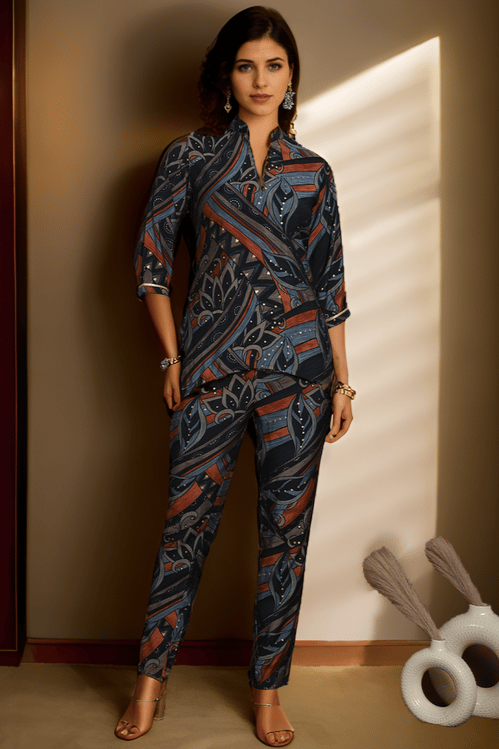 Navy Abstract Printed Premium Chanderi Co-ord set-S