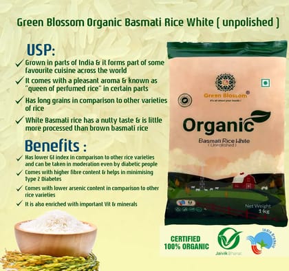 Organic Basmati Rice White - 1 Kg  I Green Blossom I Unpolished Rice (Weight - 1kg) by green blossom agritech ventures private limited