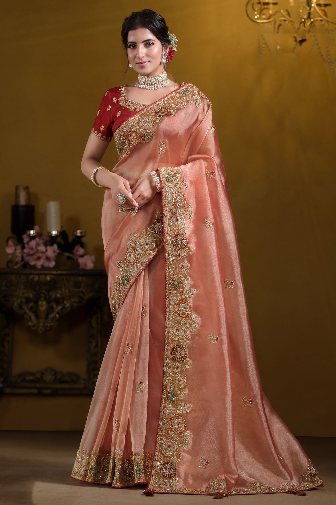Peach Twill Tissue Saree