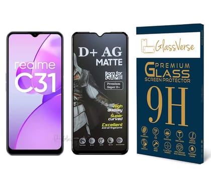 GlassVerse D+ Matte Tempered Glass With 18H Hardness For Realme C31 (PACK OF 1) with Free Installation Kit Full screen Coverage Free Replacement If Received Damaged - 6.5 inch GlassVerse D+ Matte Tempered Glass With 18H Hardness For Realme C31 (PACK OF 1