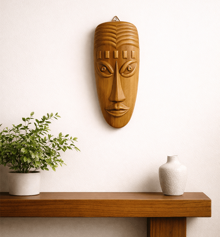 Hand-Carved Solid Teak Wood Tribal Face Mask Wall Hanging (Medium Size)