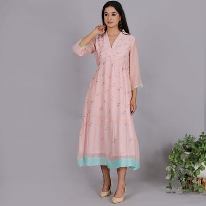Peach Chanderi gathered dress with Embroidery-XS