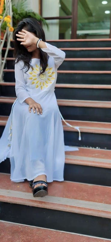Pastel Blue & Yellow Sunburst Print Anarkali Kurti – Size M
