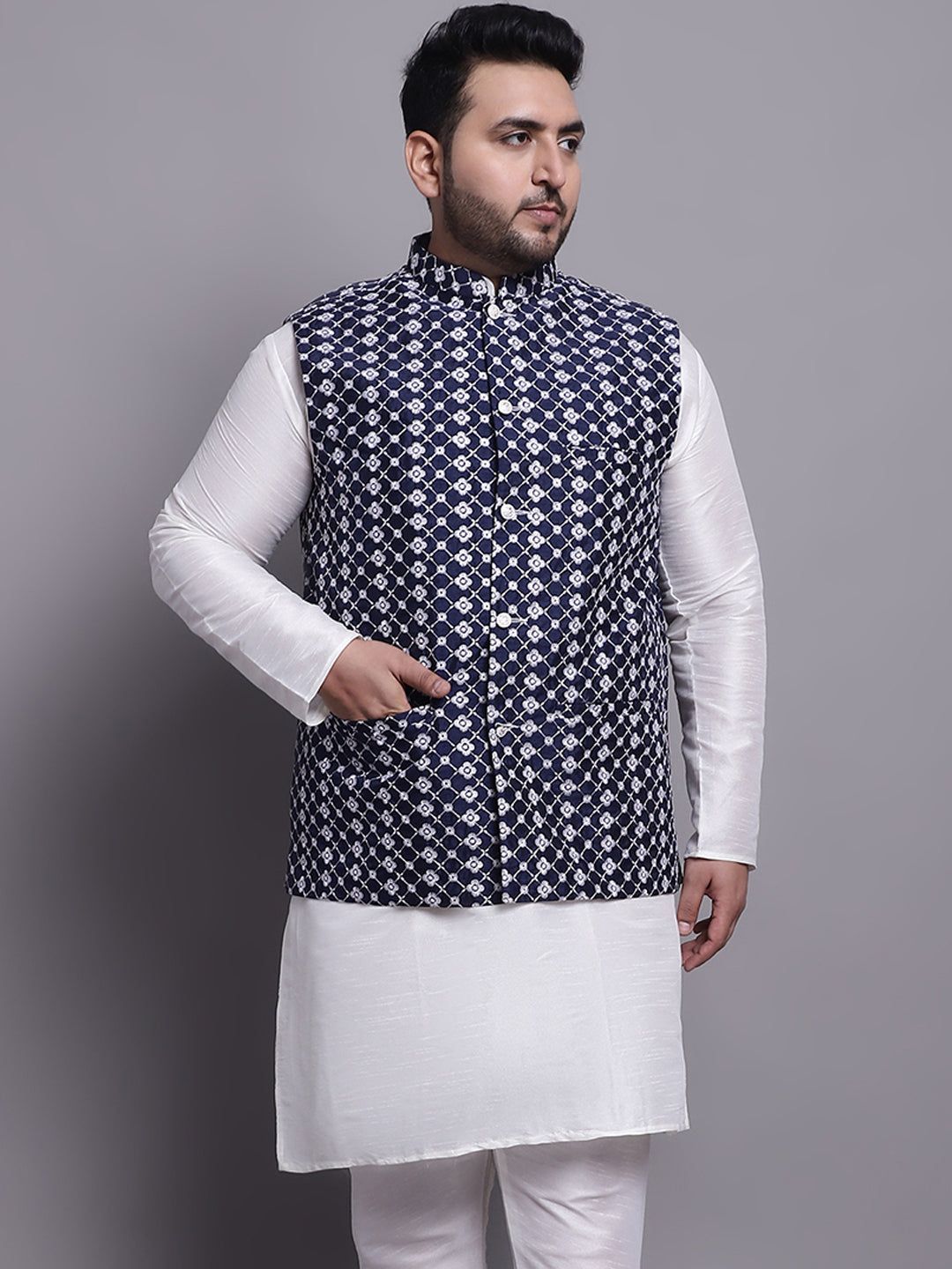 Men's Silk Blend Navy Blue Embroidered-44