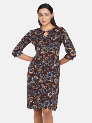 Floral Print Cotton Dress - Brown and Blue-XL