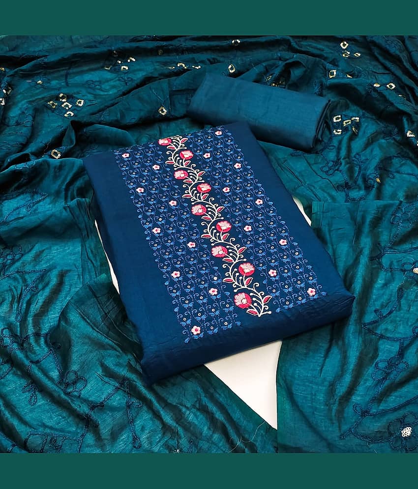 Rangtulika Ethnics Unstitched Silk Blend Embroidered Dress Material - Blue ( Pack of 1 )