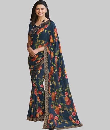 Gazal Fashions Chiffon Printed Saree With Unstitched Blouse Piece ( Blue )