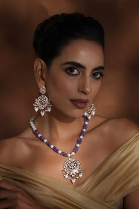 Alpana Lavender Polki and Pearl Necklace Set-Polki