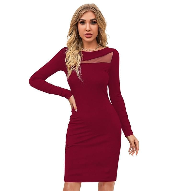 Women's Knitting Stretchable Solid Round Neck Full Sleeve Dresses (Maroon, S)-PID56782